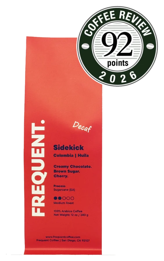 A bag of Frequent Coffee Sidekick decaf